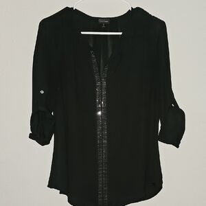 Buckle Black Blouse with Rhinestone Detail